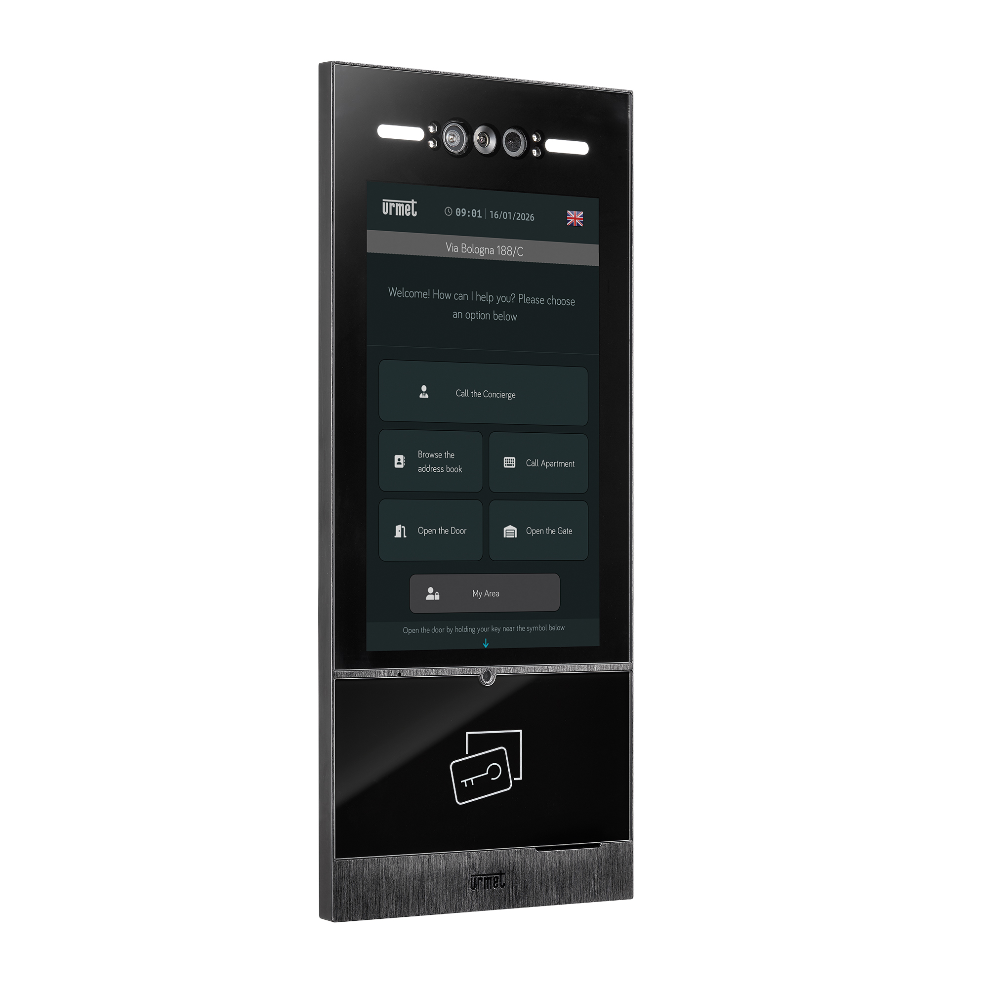 Urmet IP-Türstation mit Touchdisplay, Kameraeinheit und integriertem Transponderleser.