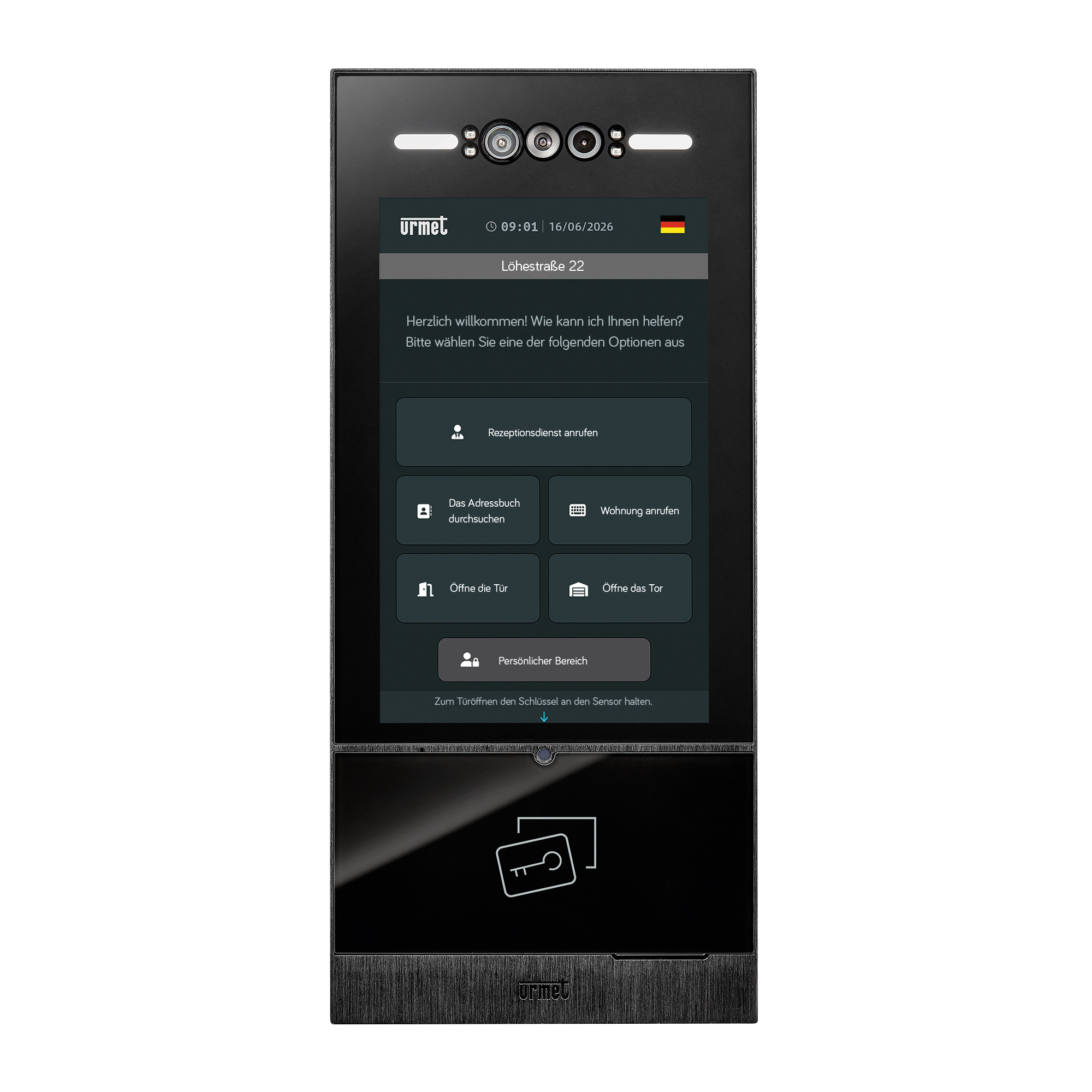 Urmet IP-Türstation mit Touchdisplay, Kameraeinheit und integriertem Transponderleser.