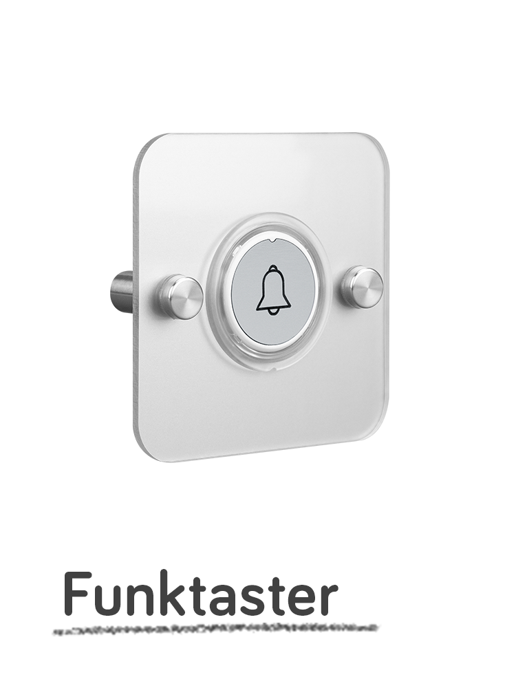 Runder weisser Funksender auf Acrylplatte mit Schrift "Funktaster"