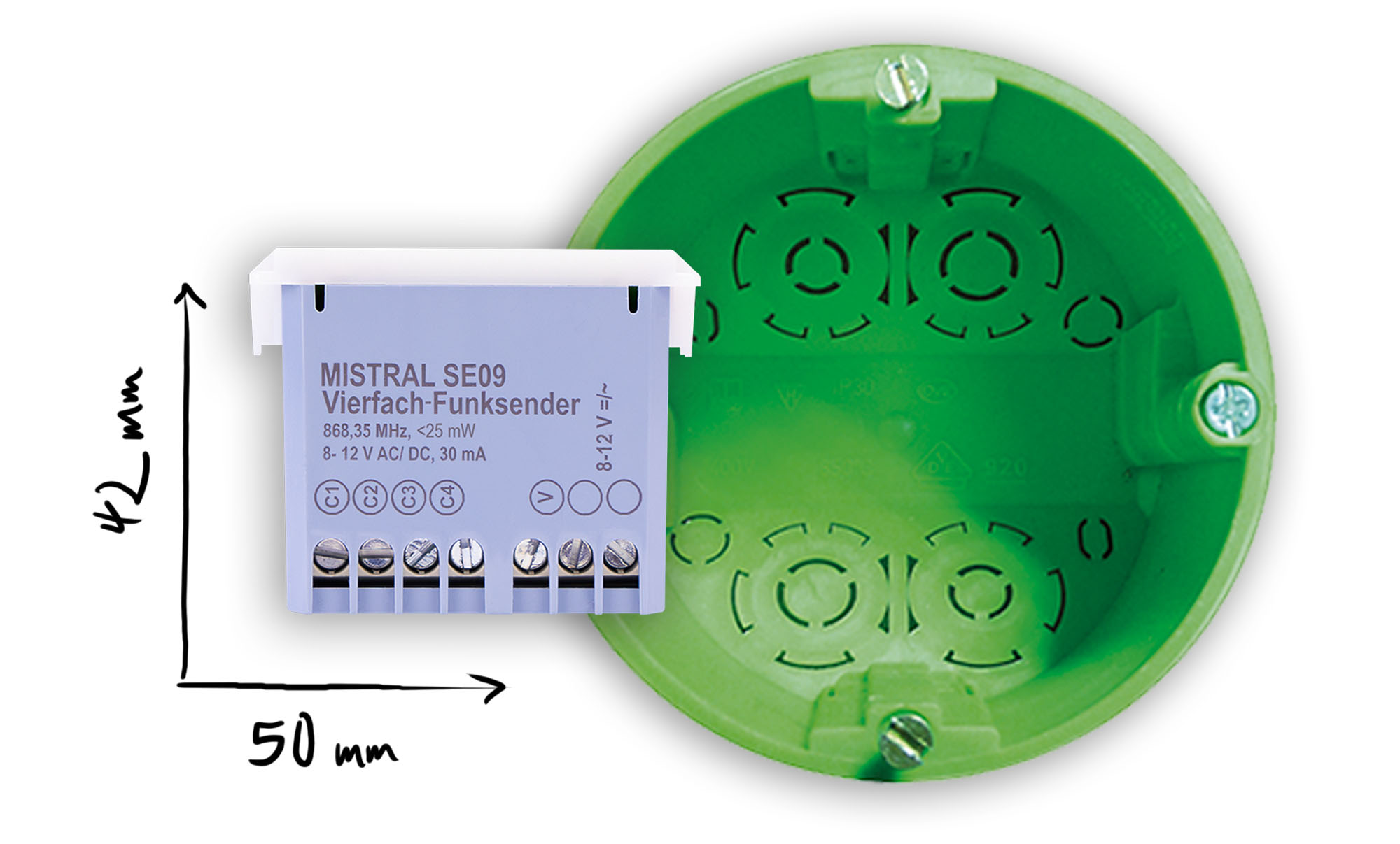 Links der MISTRAL SE09 mit den Abmessungslinien (Höhe 42 mm, Breite 50 mm), rechts dahinter eine runde Unterputzdose