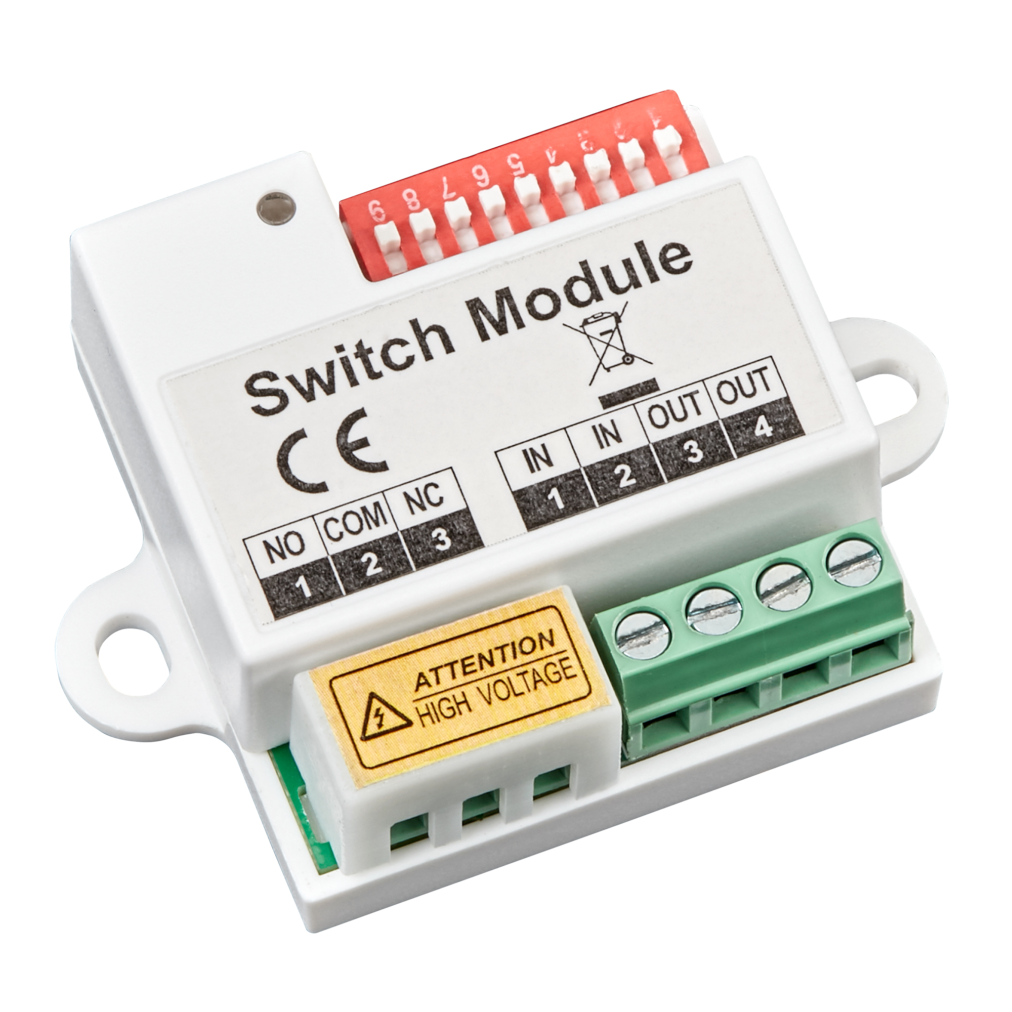 Weißes Switch-Modul mit DIP-Schalter, Anschlussklemmen und Warnaufkleber „High Voltage“, sichtbare Ein- und Ausgänge.