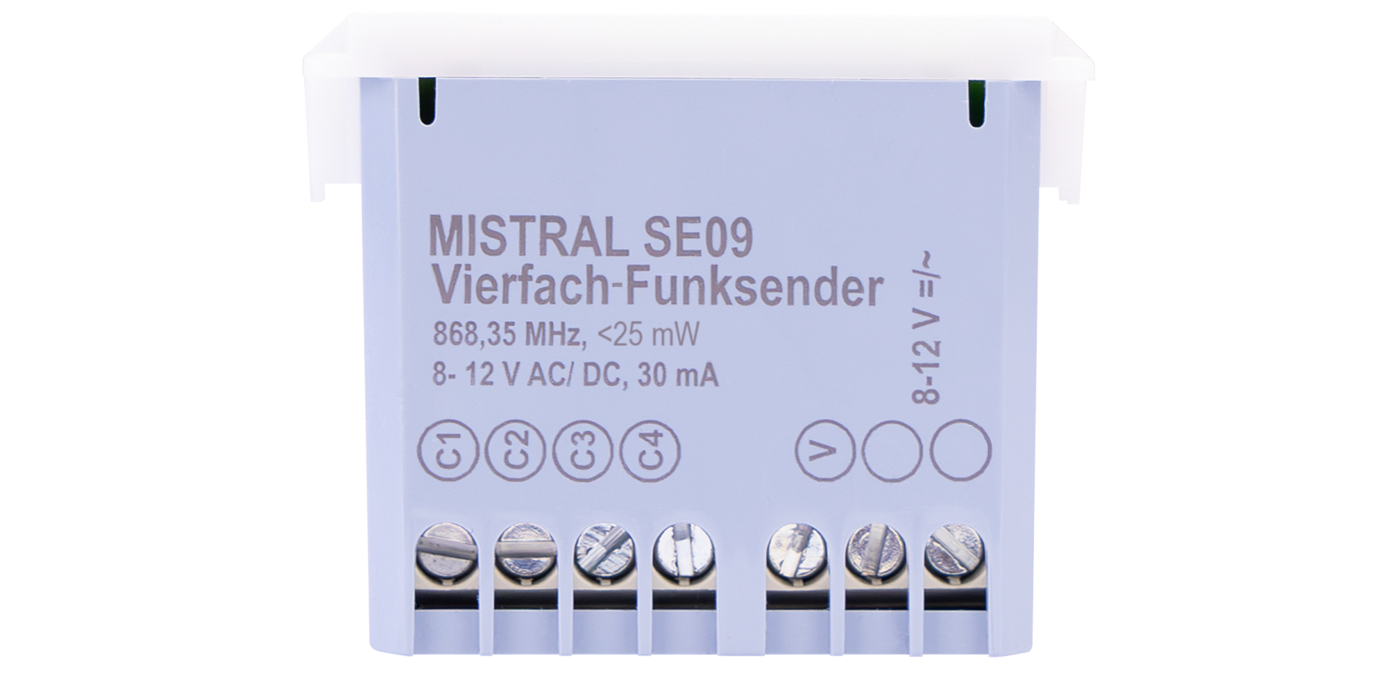 Funksender-Modul mit seitlicher Beschriftung „MISTRAL SE09“, pastelllilanes Gehäuse und weißen Anschlussklemmen, ansicht frontal.