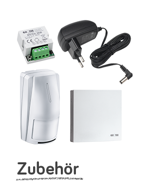 Ein Bewegungsmelder, ein Gong, ein Netzteil und ein Funksender UP-Einbau nebeneinander; darunter steht "Zubehör"