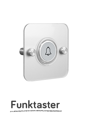 MISTRAL SE07 Klingeltaster mit quadratischer silberner Acrylplatte; darunter steht "Funktaster"