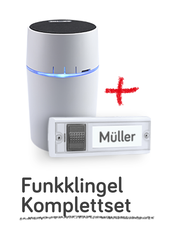 Weißer portabler Gong und weisser Funksender mit Schrift "Funkklingel Komplettset"