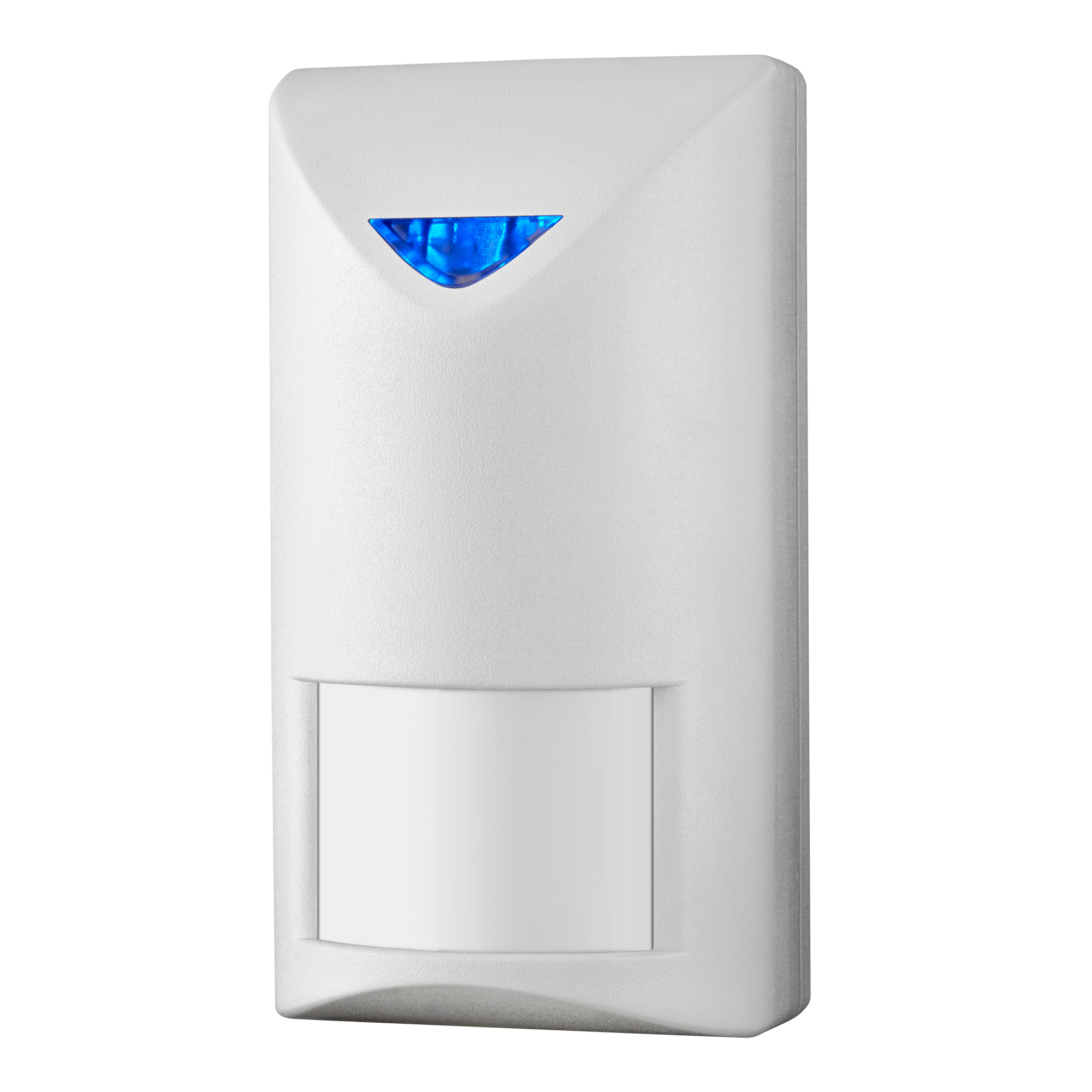 Weißer Dual-Bewegungsmelder mit blauer LED-Anzeige oben und rechteckigem Sensorfeld unten zur Wandmontage, ansicht rechts